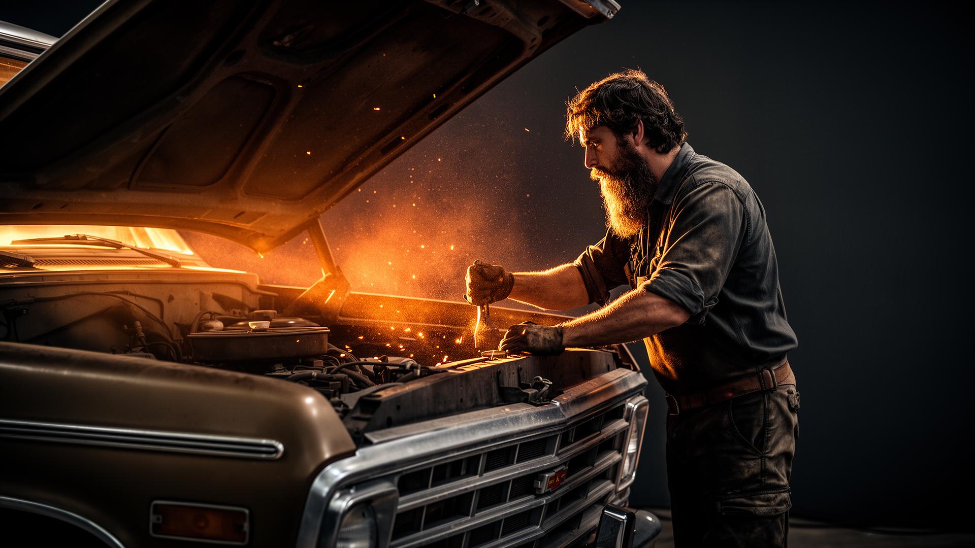 Mechanic working under the hood at golden hour